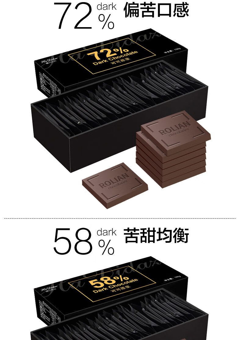 醇黑巧克力100%无蔗糖健身代餐纯可可脂办公室网红休闲零食礼盒装120g 黑巧克力【苦中略甜72%】120g