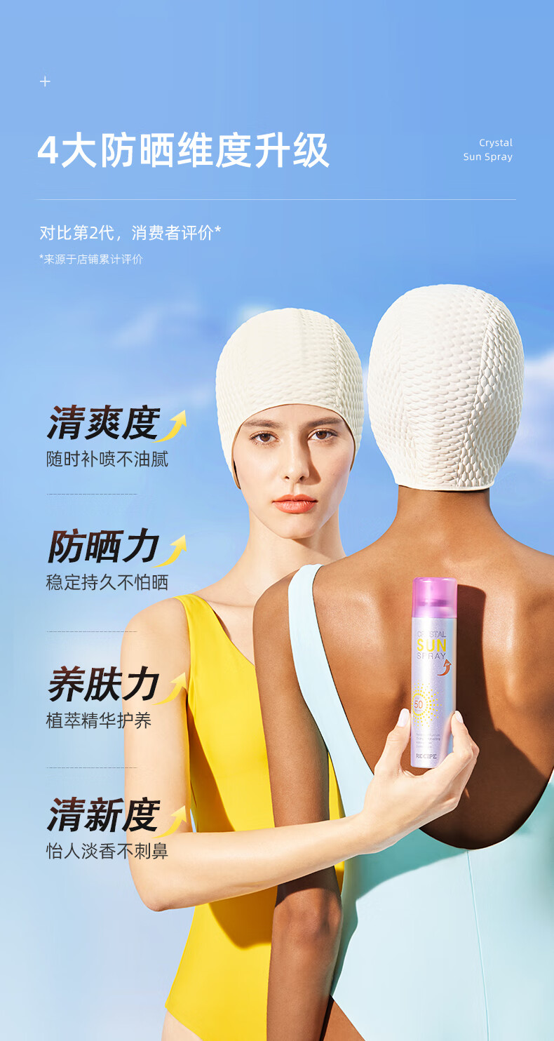 RE:CIPE玥之秘水晶防晒喷雾180ml+100ml男女士面部全身防晒霜SPF50+