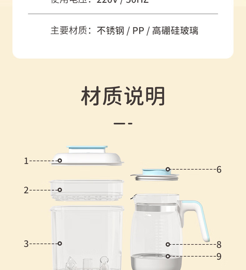 奥克斯（AUX）ACX-1011B 奶瓶消毒器恒温水壶调奶器1.2L 多功能恒温壶温奶器奶瓶消毒器烘干三合一 蓝色