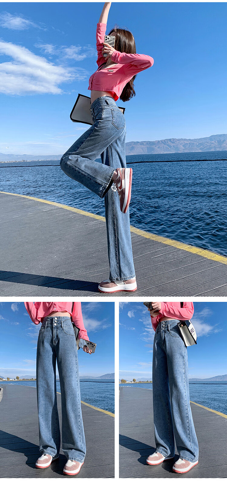 Джинсы женские JEANSWEST, модель 2025 Осень, слимминг, высокая талия, прямые, широкие, синие, размер XL