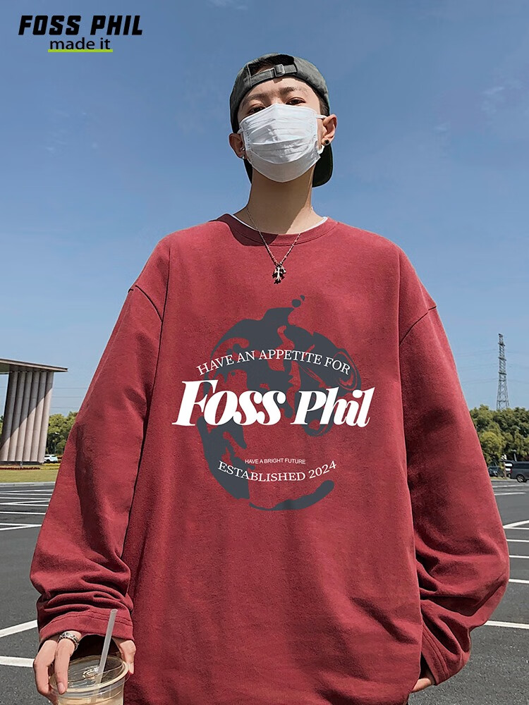 Футболка с длинным рукавом Foss Phil из чистого хлопка для мужчин, трендовая повседневная футболка оверсайз на осень, унисекс, с круглым вырезом, FPCT3, черная, XL
