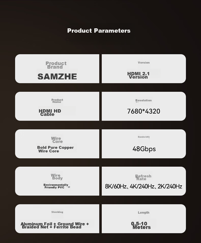 Кабель HDMI SAMZHE HG-10, версия 2.1, 1 метр, 8K 60Hz, 4K 240Hz, для ноутбука, ТВ, монитора, проектора, черный