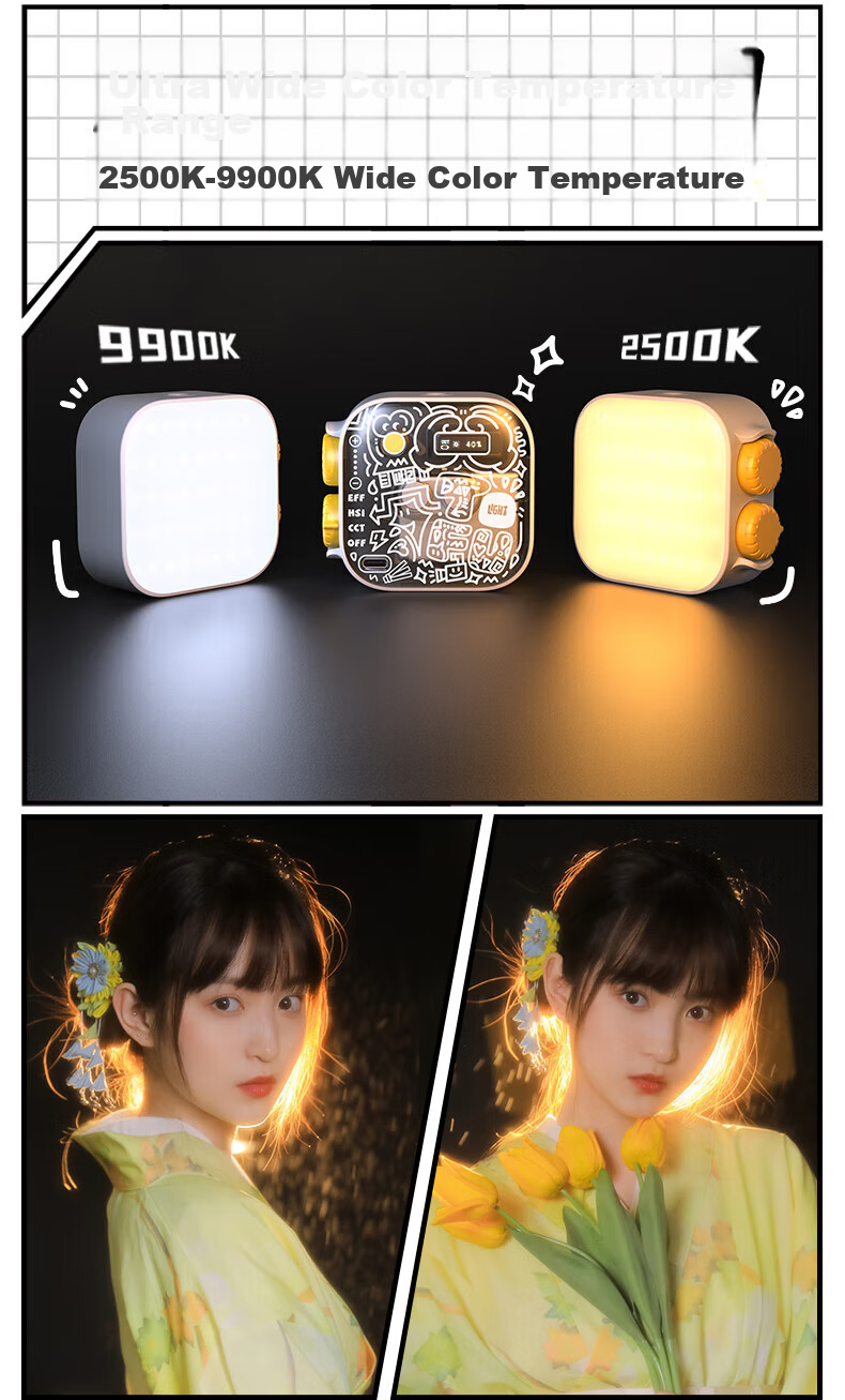 Портативный светодиодный осветитель Sidande Tofu Light RGB, 6W, 2500K-9900K, CRI 96+, 21 спецэффект, 2000mAh, белый с держателем для телефона