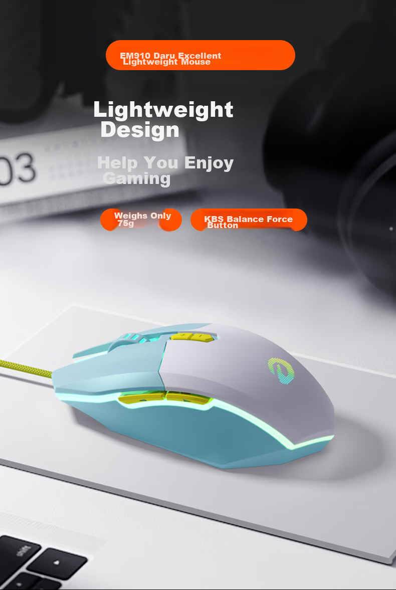 Игровая мышь DAREU EM910, проводная, RGB подсветка, 75г, Ice Crystal Blue