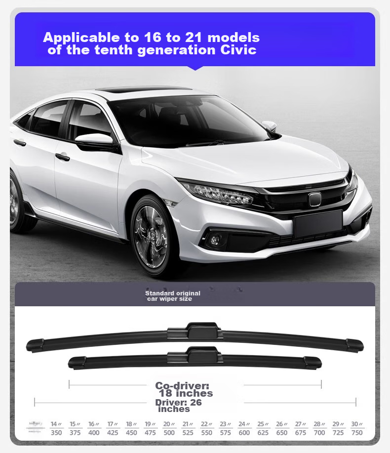 Дворники Paisu для Honda Civic 10 поколение (2016-2021), 26/18 дюймов, бескаркасные, U-образный крепёж