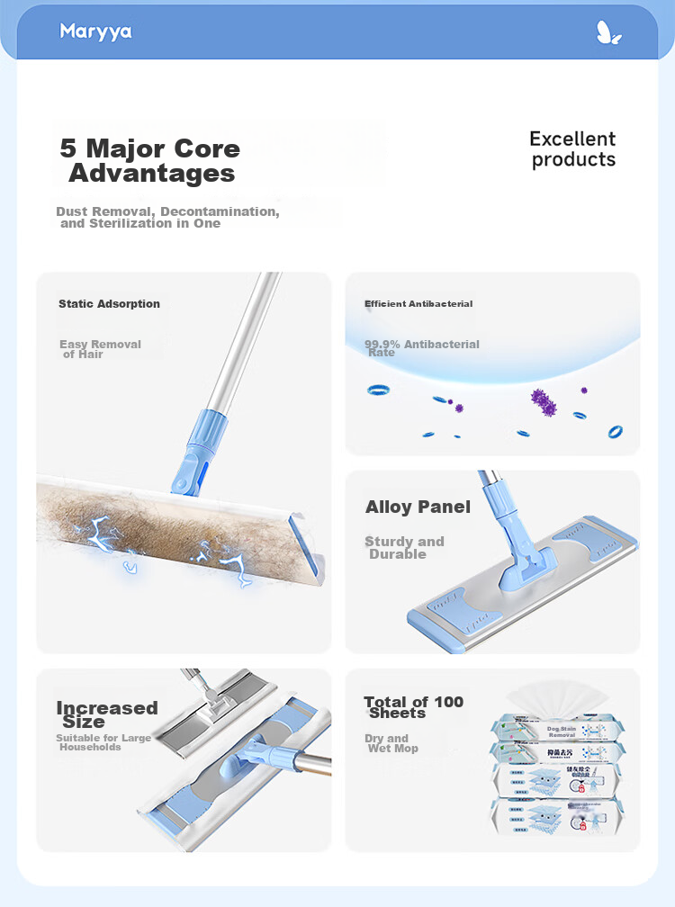 Швабра MARYYA electrostatic dust mop, 35см, алюминиевый сплав, плоская тряпка, влажные и сухие салфетки, 4 упаковки