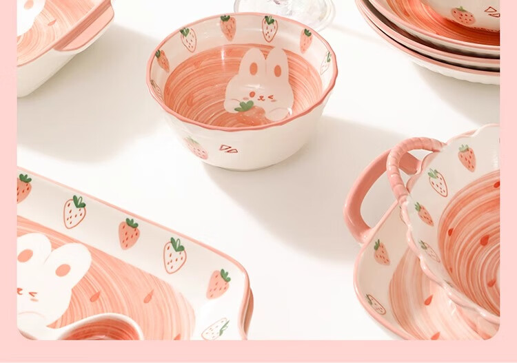 Набор керамической посуды CERAMICS "Клубничный кролик", набор для обеда из 6 предметов на двоих, милый домашний обеденный набор