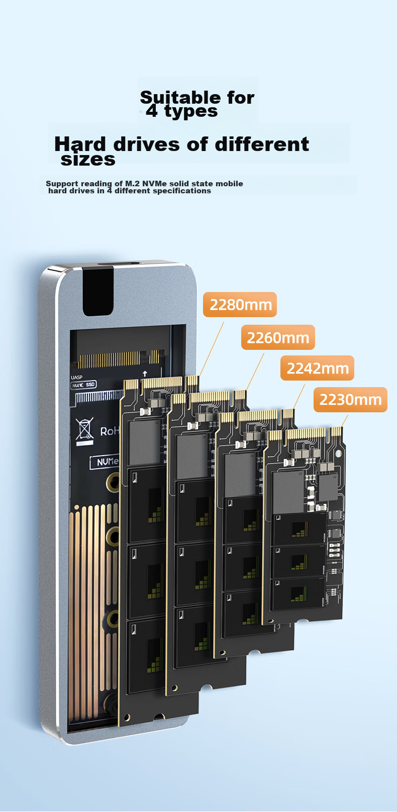 Внешний корпус UNITEK S238B для M.2 NVMe SSD, USB 3.2 Gen 2 Type-C, 10 Гбит/с, алюминиевый сплав, 102x33.8x9 мм, серый