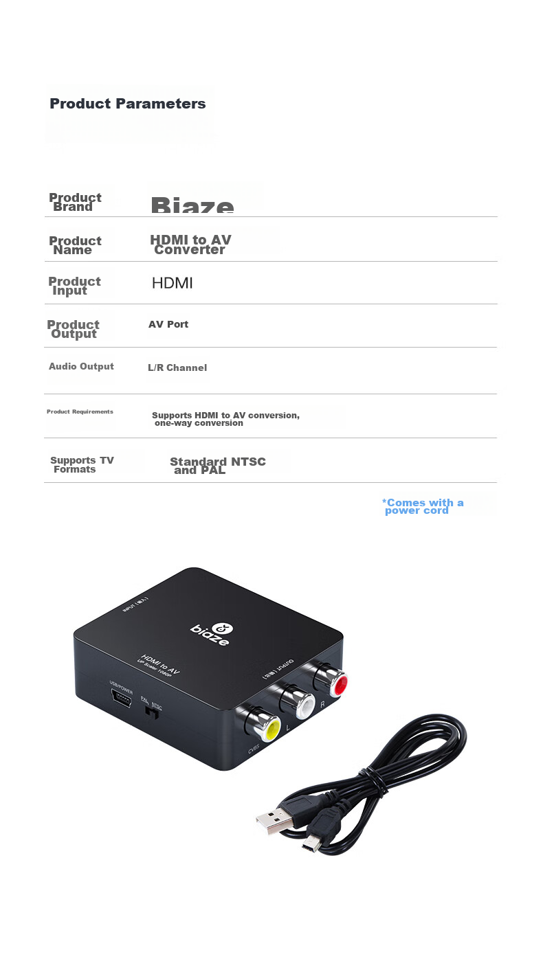 Конвертер BIAZE HDMI в AV (3RCA) с USB-питанием, для подключения ноутбуков, ТВ-приставок к телевизору, 1.8 м