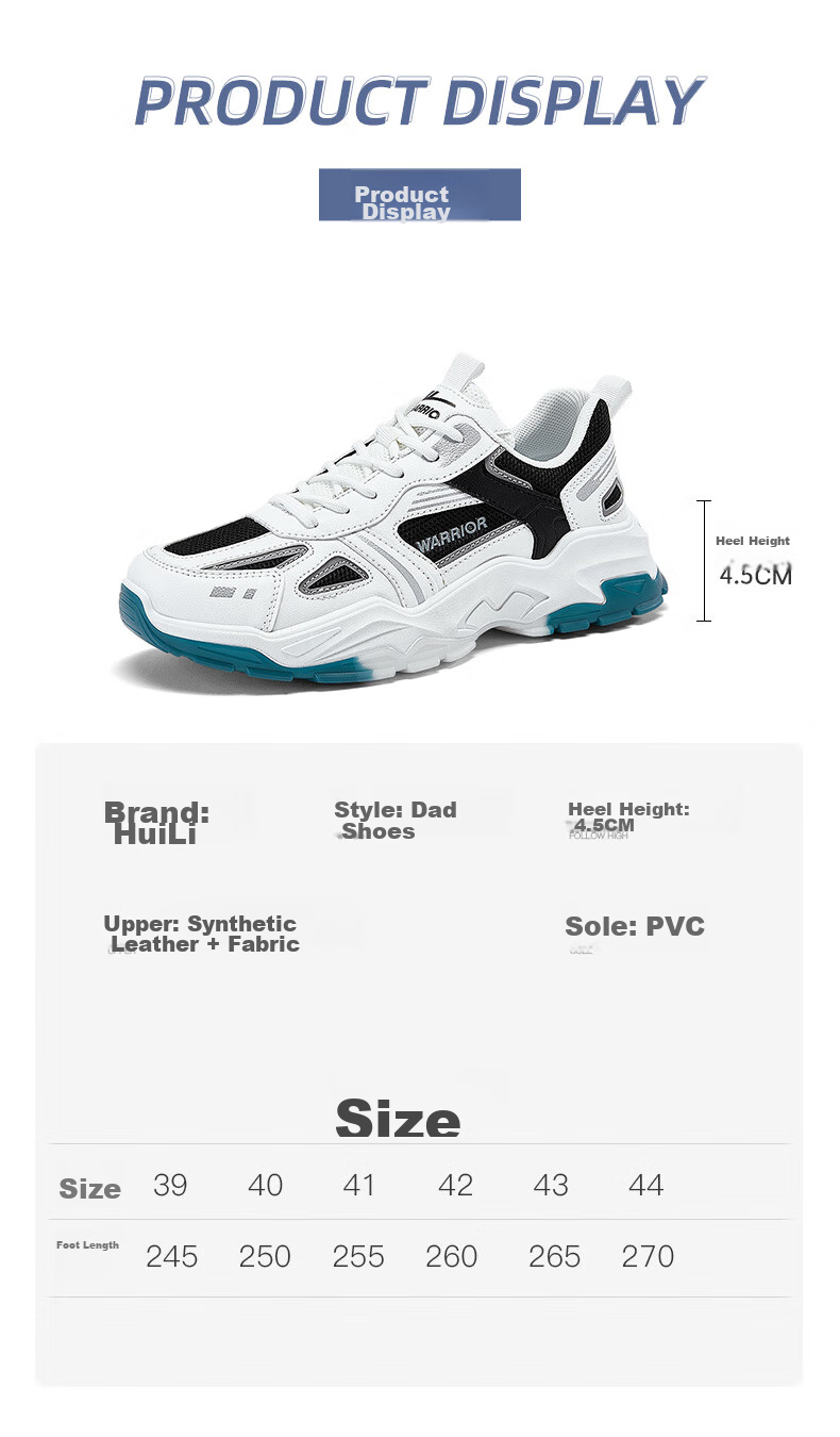 Warrior Official Sports Shoes for Men, Autumn Breathable Dad Shoes, Men's Thick-Soled Height-Increasing Casual Shoes, White And Blue, Size 41