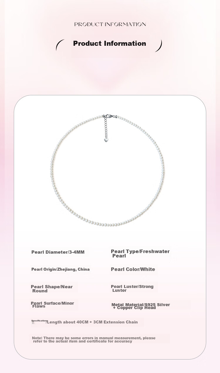 Жемчужное ожерелье PearlQueen S925 Silver, натуральный пресноводный жемчуг, 3-4 мм, мелкий рис, цепочка на ключицу, подарок на День святого Валентина для мамы