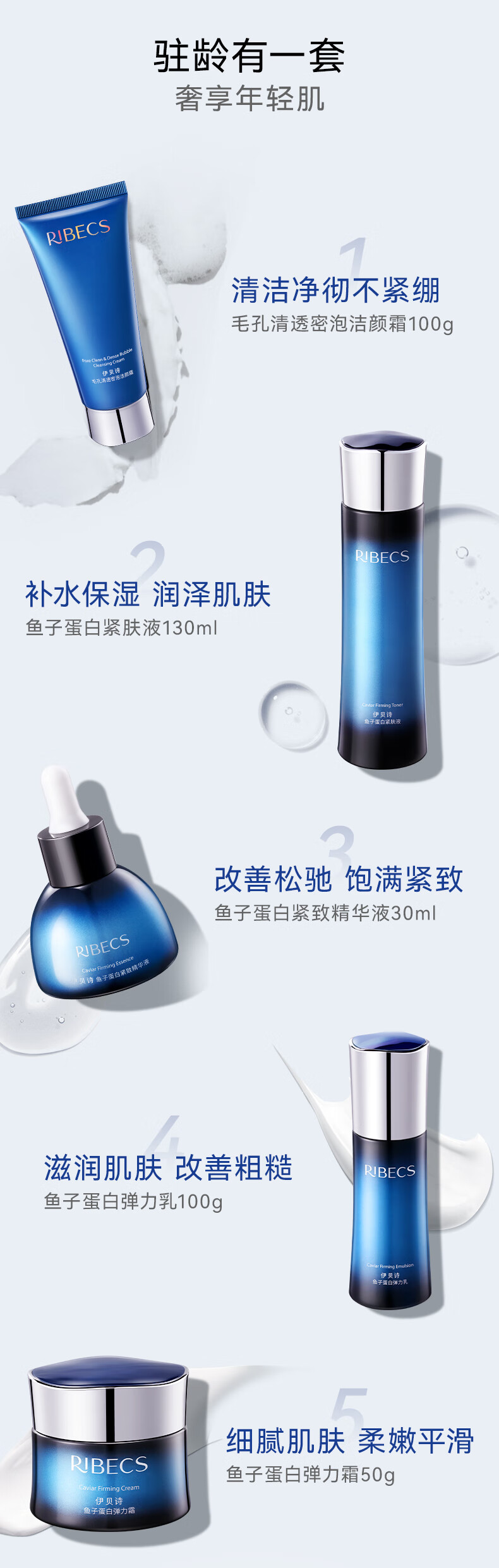 伊贝诗鱼子蛋白弹力修护化妆品补水保湿提拉紧致护肤品水乳6件套礼盒