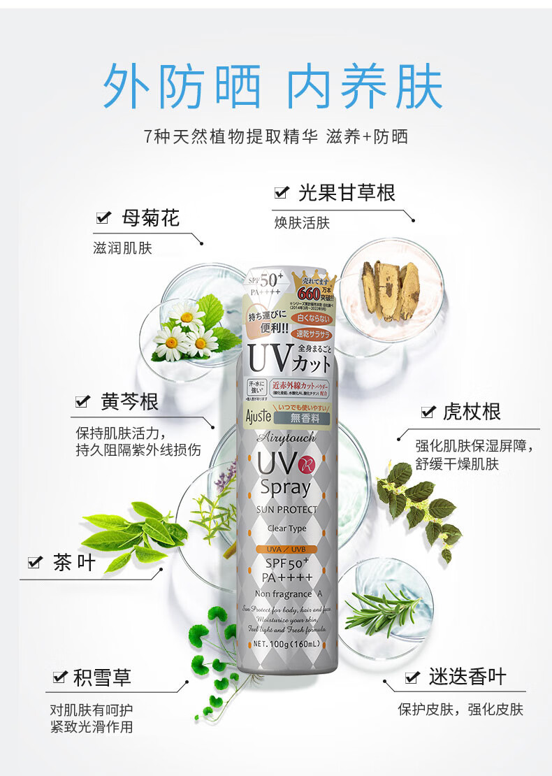 爱伽丝(Ajuste)日本进口防晒喷雾无香型160ml（便携喷雾 敏感肌可用）