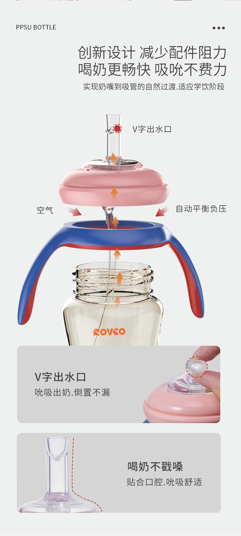 Бутылочка Rikang с трубочкой, 6 месяцев+, с шариком-непроливайкой, широкое горлышко, PPSU с ручкой, 240 мл, синяя N1063-1