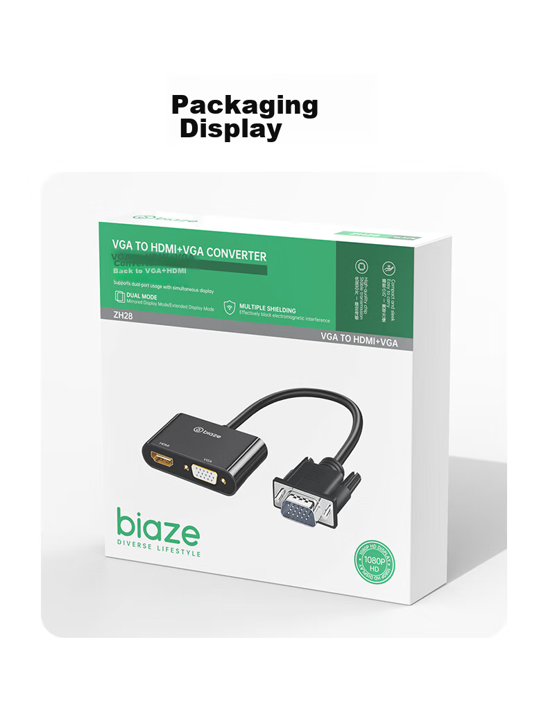 Конвертер BIAZE VGA в HDMI + VGA с аудио, разветвитель, удлинитель, один вход два выхода, подключение компьютера к телевизору или проектору