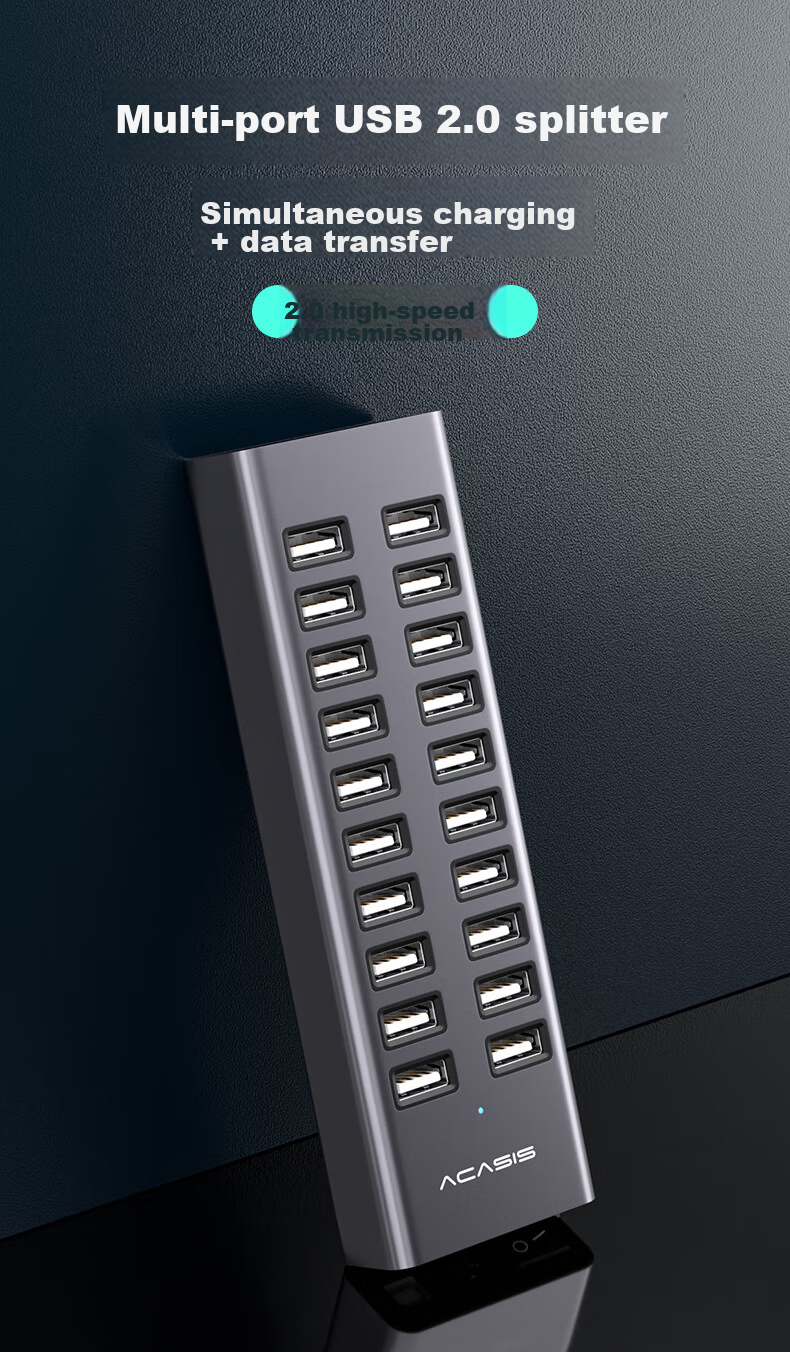 USB-хаб Acasis H037 на 20 портов USB 2.0 с блоком питания 90 Вт, алюминиевый корпус, для ноутбуков и ПК