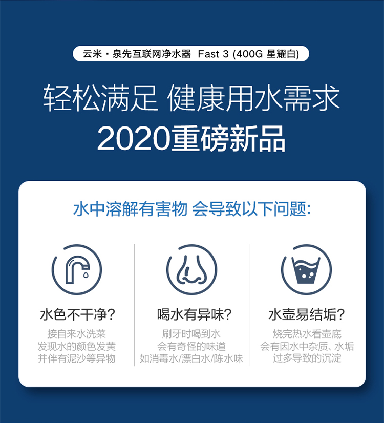 云米净水器家用净水机Fast3 400G 无罐直饮水 双RO反渗透 屏显智能水龙头 智能互联MR472