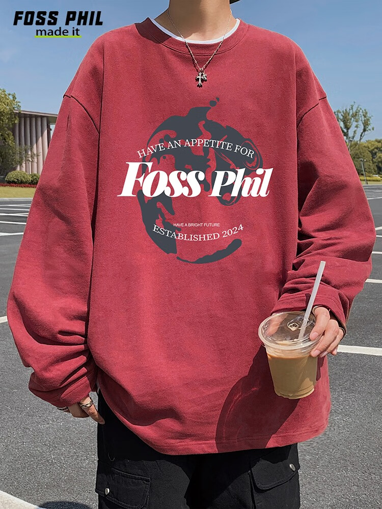 Футболка с длинным рукавом Foss Phil из чистого хлопка для мужчин, трендовая повседневная футболка оверсайз на осень, унисекс, с круглым вырезом, FPCT3, черная, XL