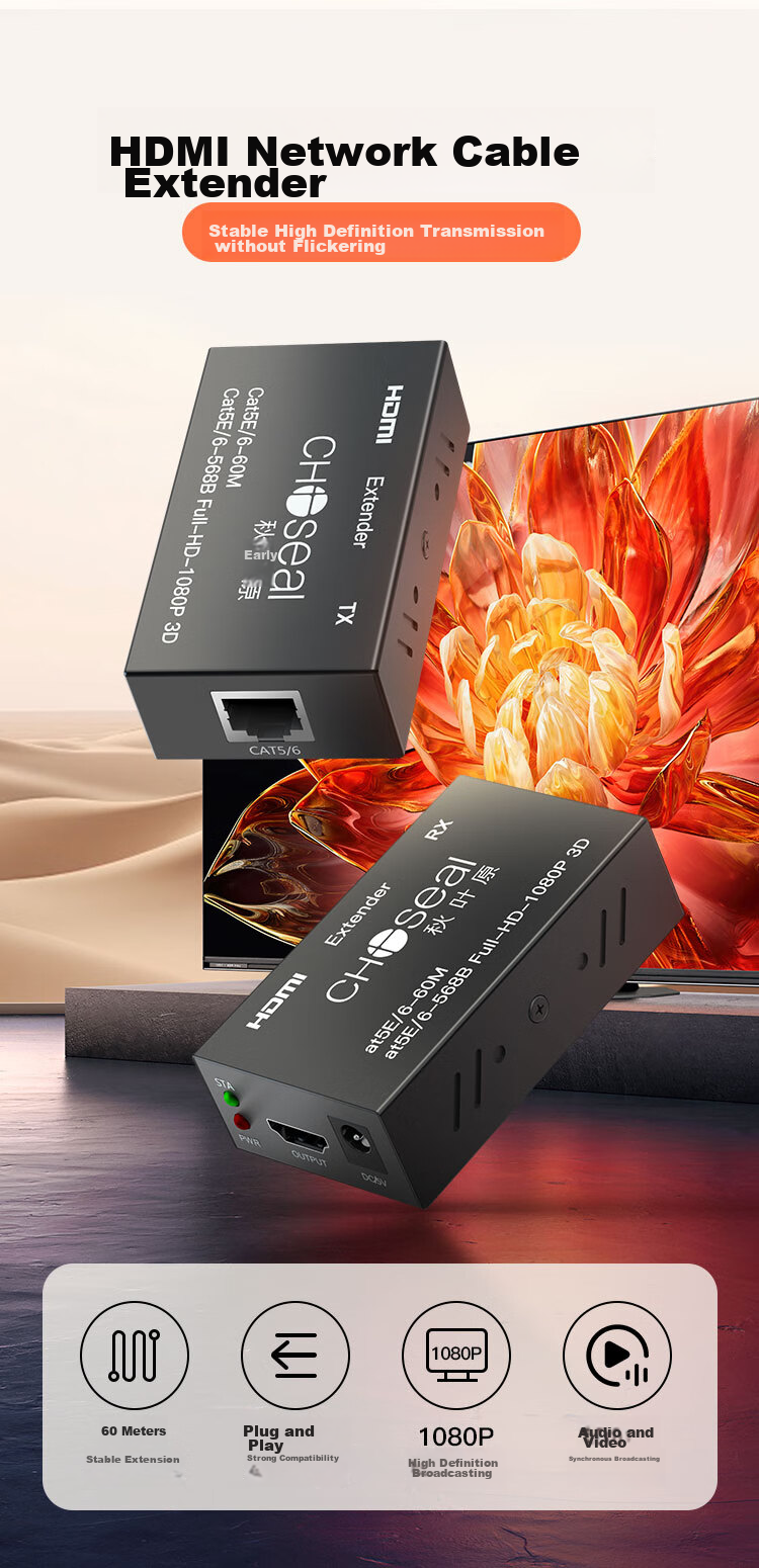 CHOSEAL QVC01 HDMI Extender 60 метров, конвертер HDMI в RJ45, усилитель сетевого сигнала высокой четкости, комплект передатчика и приемника, черный