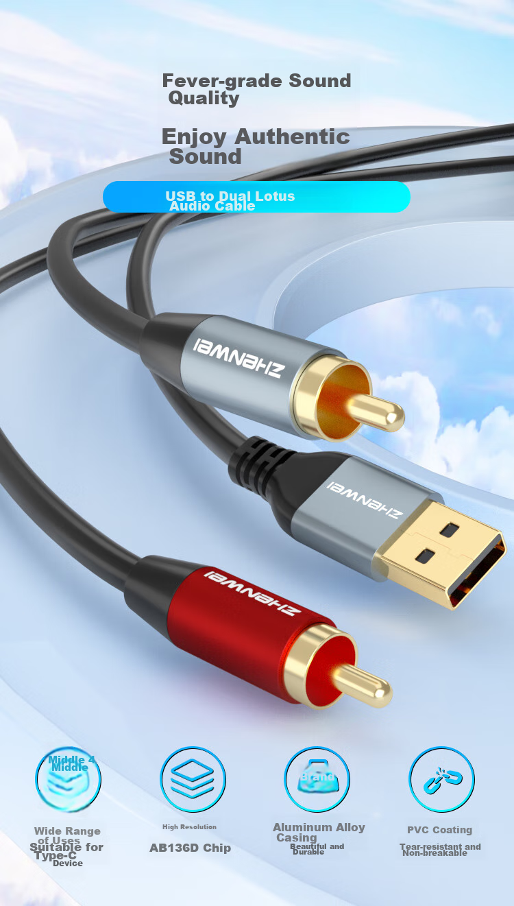 Кабель ZHENWEI USB - Dual RCA, 1.5 метра, для подключения ноутбуков и настольных компьютеров к акустическим системам, усилителям и микшерным пультам