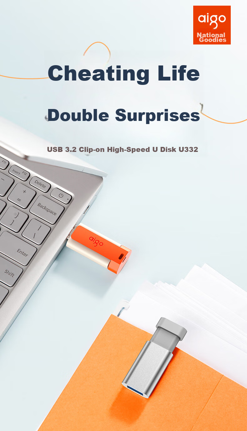 USB-накопитель Aigo U332, 64 ГБ, USB 3.2, выдвижной дизайн, двухцветный, космический серый