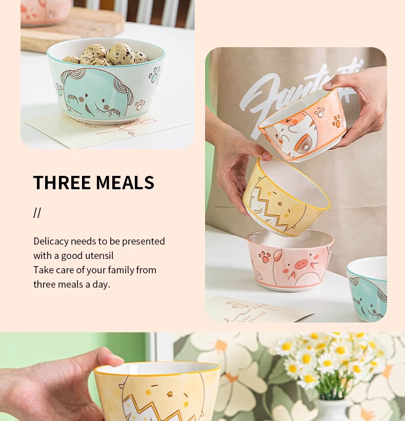 Миски керамические CERAMICS, набор из 4 штук, 4.5 дюйма, с дизайном "Милые животные", для дома, популярные, стильные