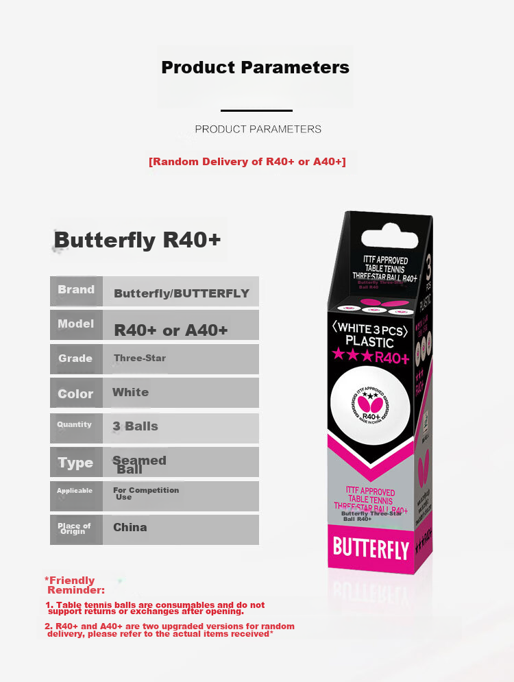 Мячи для настольного тенниса Butterfly Three-Star R40+, 3 шт., белые, для соревнований