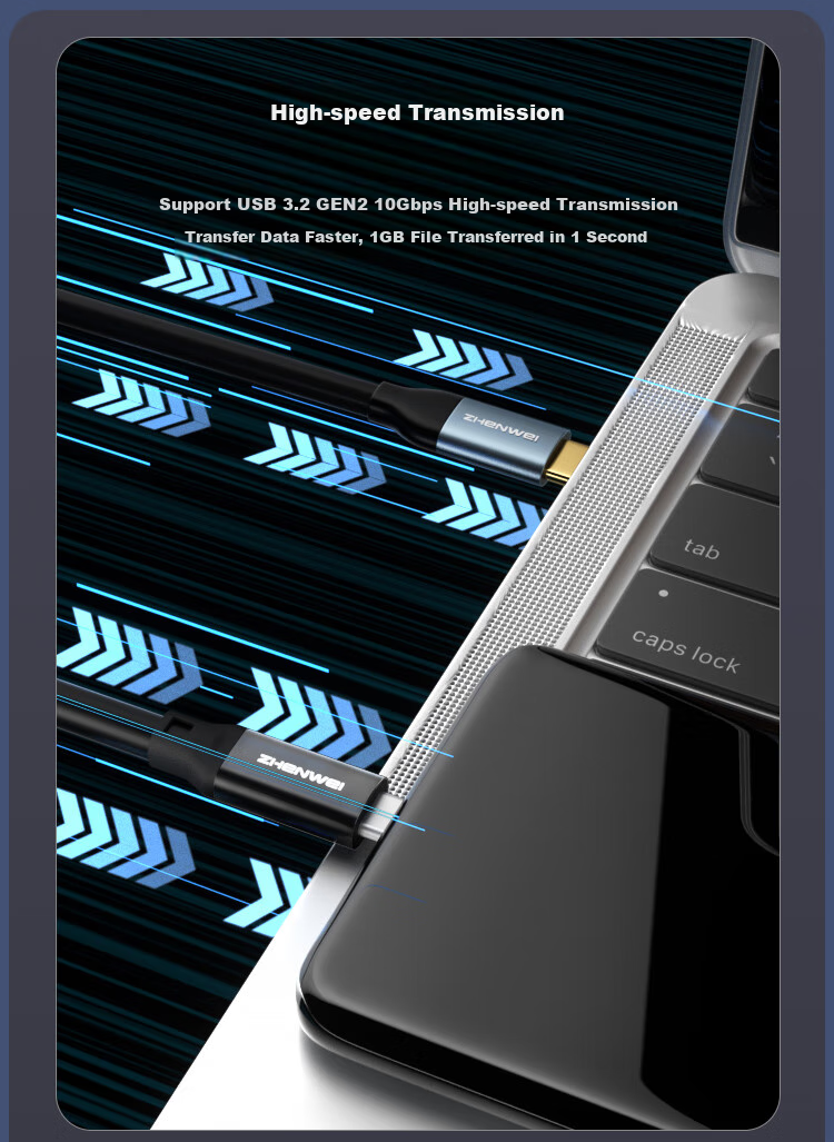 Кабель-удлинитель ZHENWEI Type-C, PD100W, USB 3.2 Gen2, 2 метра, черный