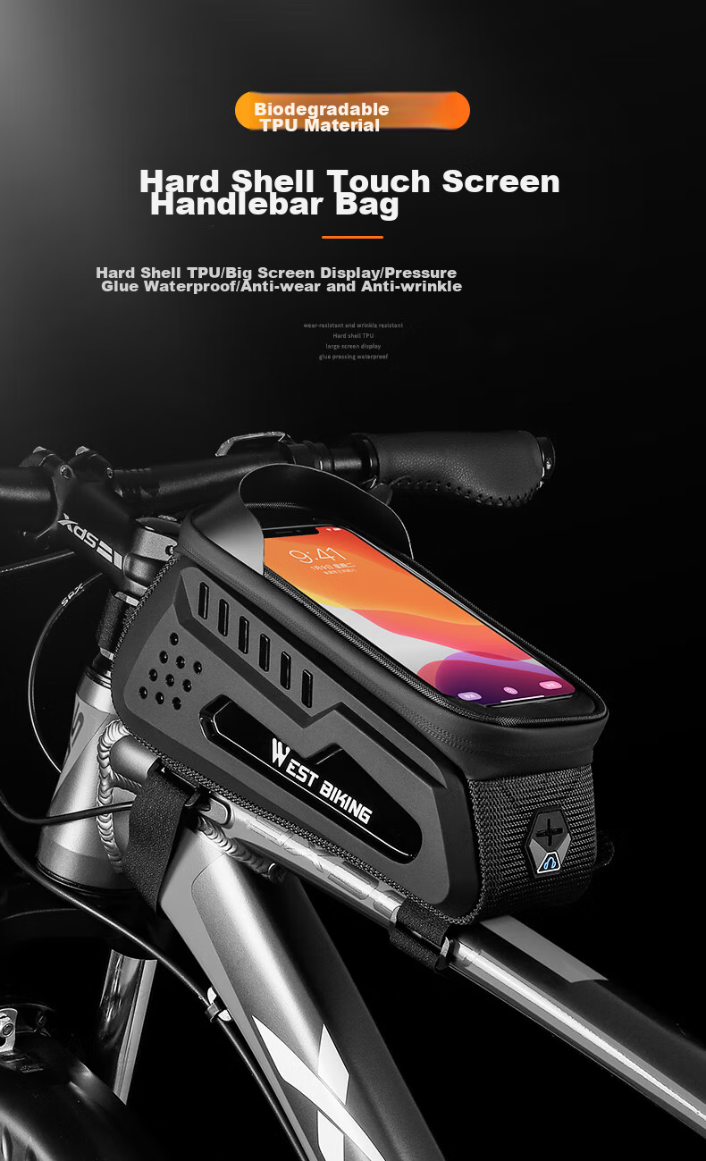 Велосипедная сумка WestBiking на руль, водонепроницаемая, с сенсорным экраном, для смартфона до 7.4 дюймов, 2л, черная