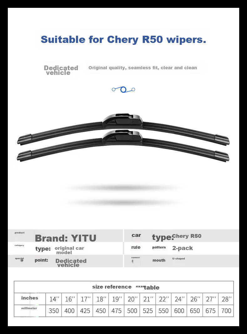 Дворники YITU для Chery R50, бескаркасные, оригинальные, размер 14-29 дюймов, 1 пара