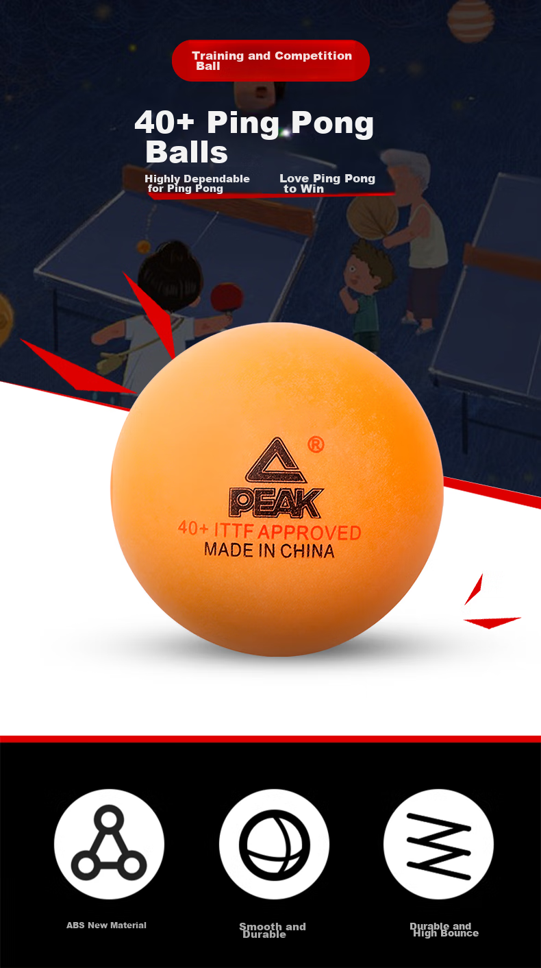 Мячи для настольного тенниса PEAK ABS Competition Training Balls, набор из 50 штук, желтый