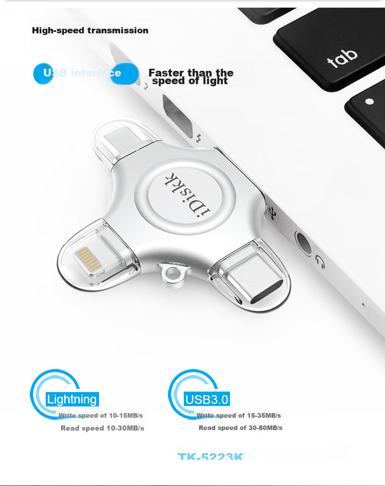 Флеш-накопитель iDiskk U018 512 ГБ, MFi Certified, USB 3.0, Lightning, Type-C, металлический корпус, серебристый