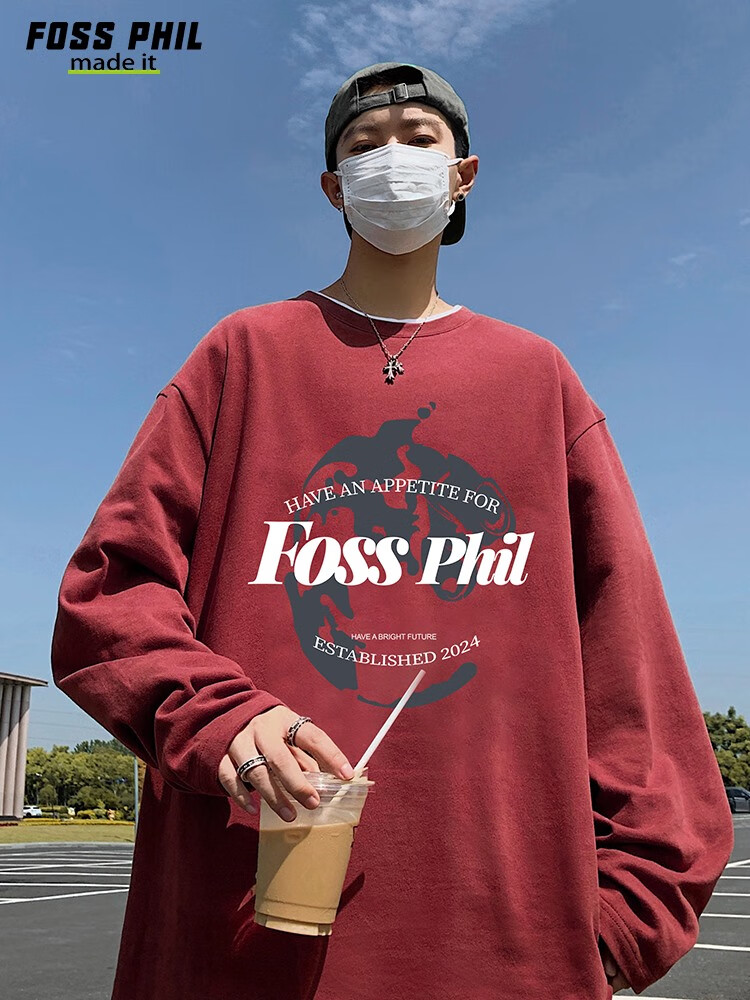 Футболка с длинным рукавом Foss Phil из чистого хлопка для мужчин, трендовая повседневная футболка оверсайз на осень, унисекс, с круглым вырезом, FPCT3, черная, XL