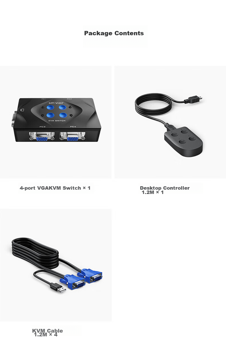 KVM-переключатель MT-Viki MT-401, 4-портовый, VGA, USB, с кабельным управлением и кнопками