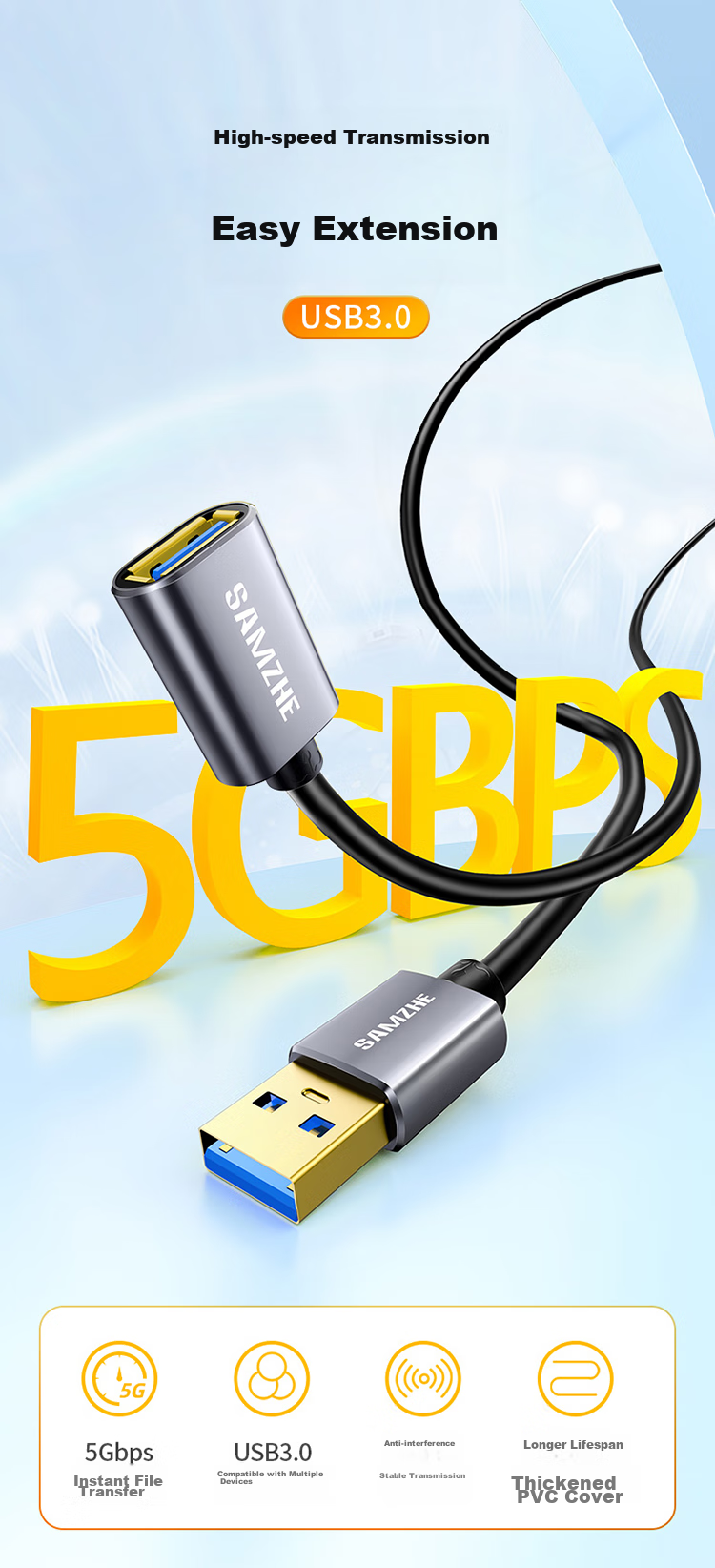 Кабель-удлинитель SAMZHE USB 3.0 AM/AF, 3 метра, алюминиевый сплав, черный