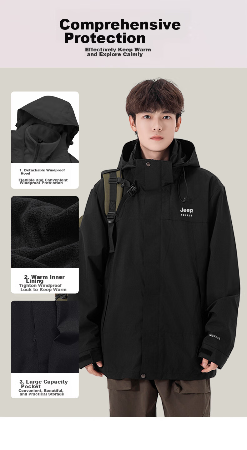 Мужская флисовая куртка JEEP SPIRIT 3-в-1, теплая, ветрозащитная, для альпинизма, черная, размер M