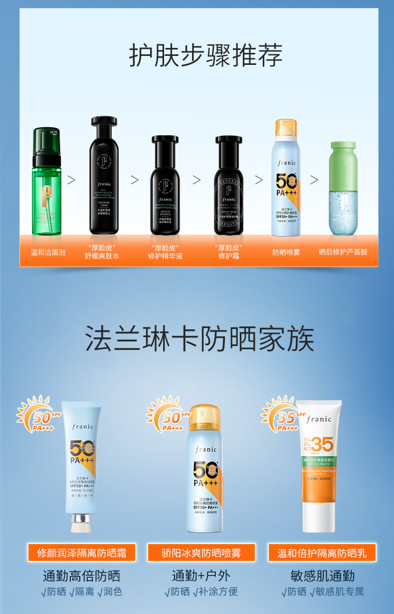 法兰琳卡（FRANIC）防晒喷雾晒后修护spf50+隔离清爽喷防水防汗男女生38节 高倍防晒喷雾120ml*1