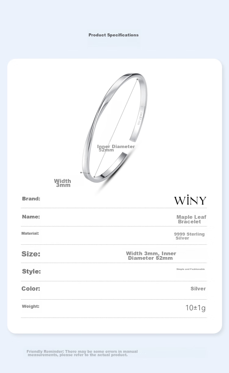 Серебряный браслет Winy 9999 пробы, женский, регулируемый, минималистичный стиль