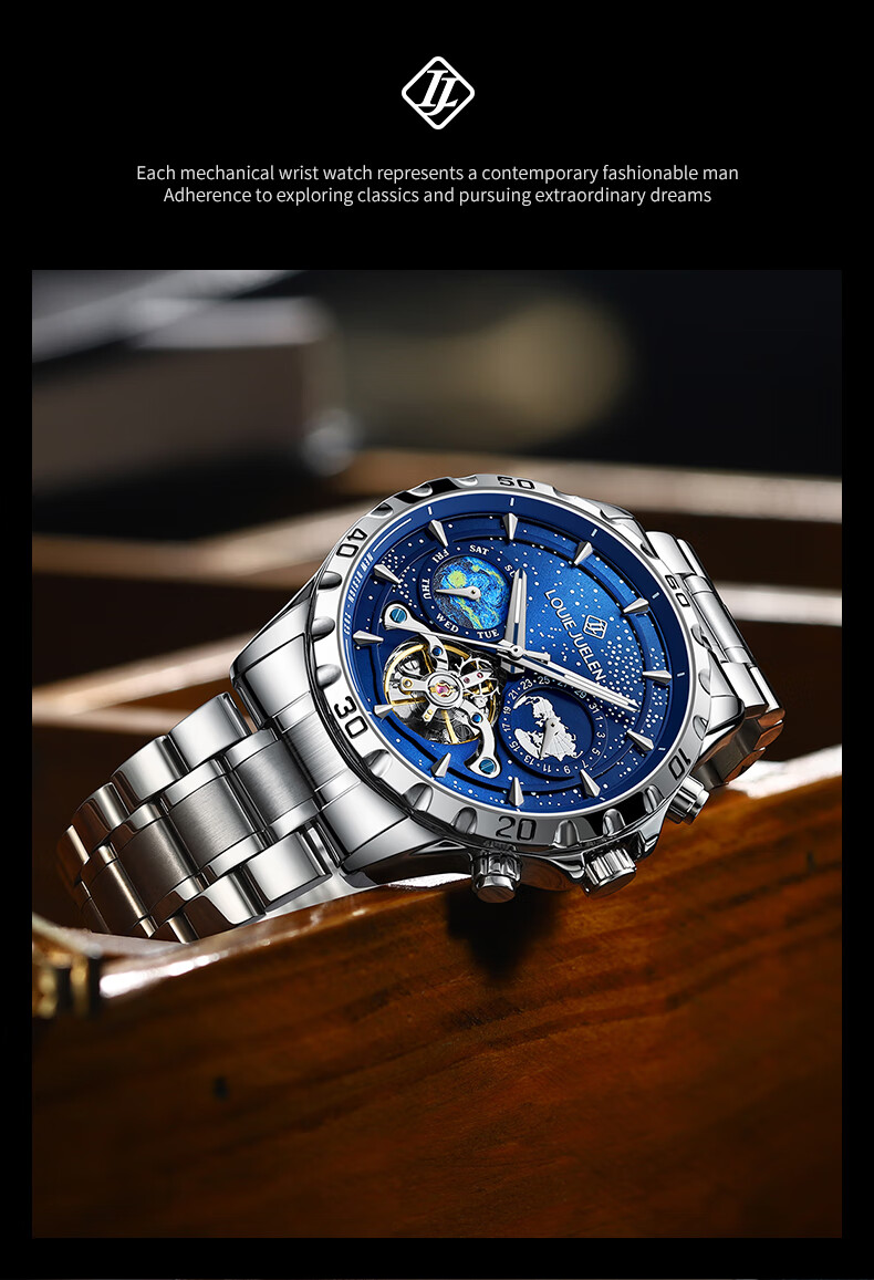 LOUIE JUELEN Starry Sea Мужские механические часы с автоподзаводом, скелетон, Подарок на Рождество