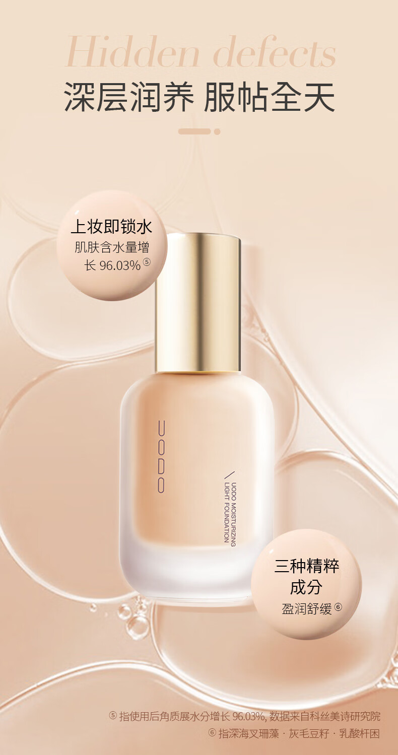 优沃朵（UODO）粉底液30ml  持久不脱妆雾面哑光自然遮瑕bb霜女 美肌水润款W02适合自然偏白