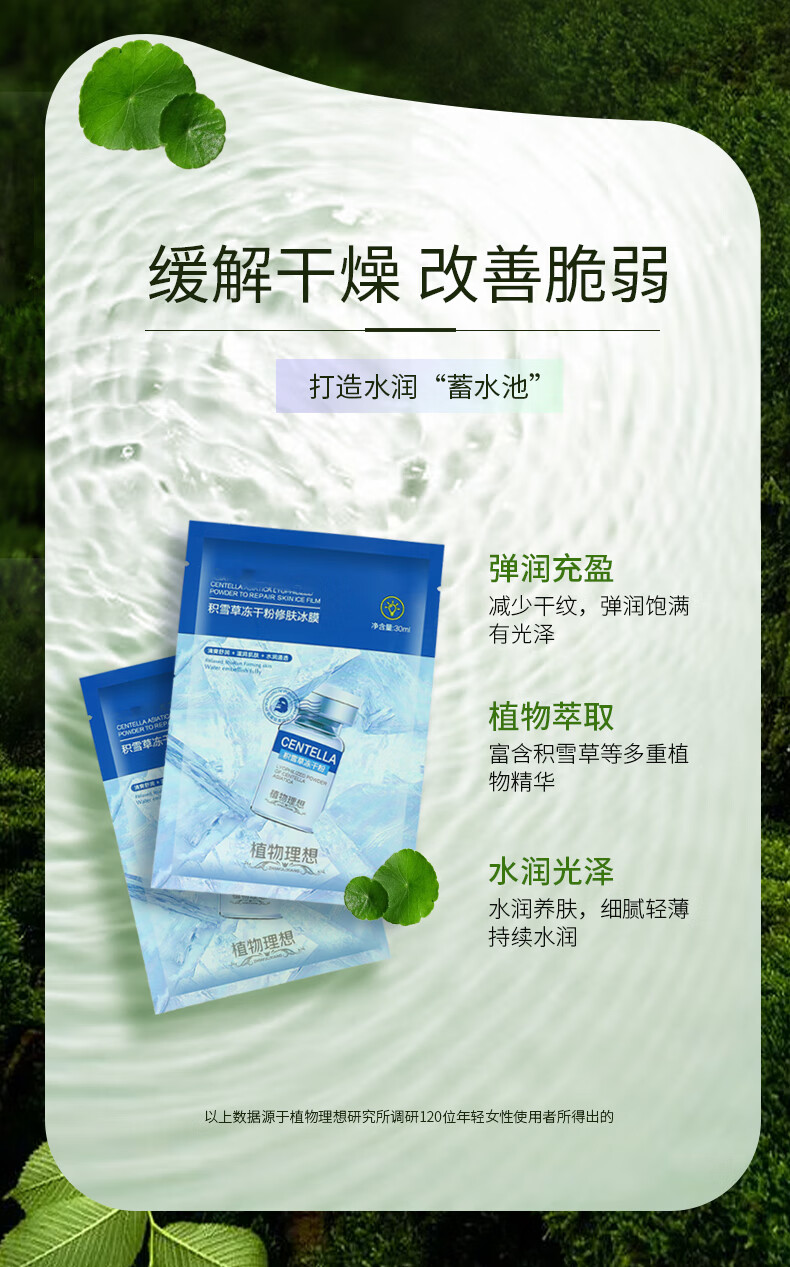 植物理想（zhiwulixiang）面膜积雪草冰膜冻干粉修肤男女士秋冬季适用补水保湿晒后缓解 两盒装另赠一盒 共三盒（15片）