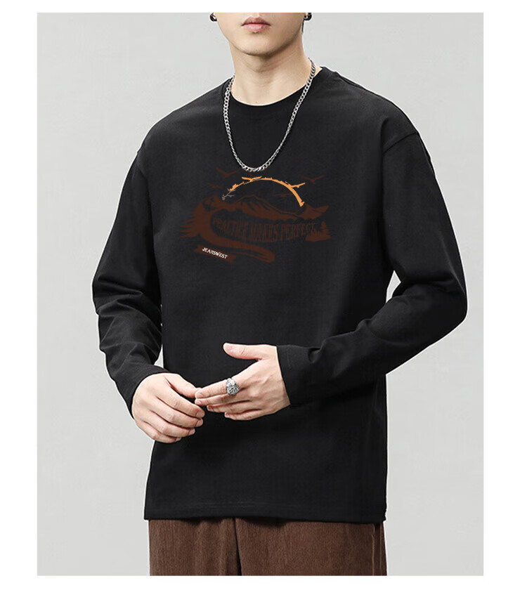 Мужская футболка Jeanswest, весна 2026, с круглым вырезом, из чистого хлопка, с длинным рукавом, с принтом, свободная, повседневная, универсальная, белая, 4XL