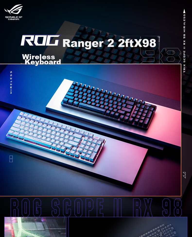 Беспроводная механическая клавиатура ROG Ranger 2 RX 98, 96 клавиш, RX Red, Moonlight White PBT, RGB подсветка, трехрежимное подключение