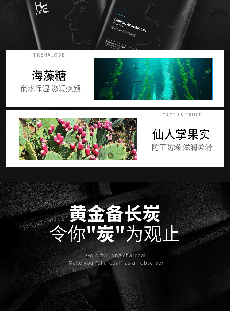 赫恩（H&E）男士备长炭清洁控油补水面膜21片*25ml/片吸附油污清洁毛孔面膜贴