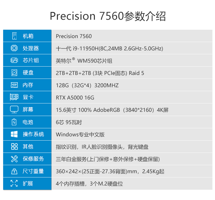 戴尔（DELL）Precision7560 15.6英寸图形移动工作站笔记本电脑i9-11950H/128G/6T固/RTX A5000/4K