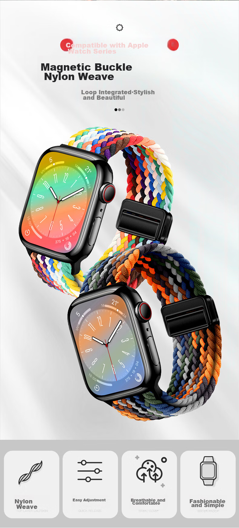 Ремешок BHO для Apple Watch Series 11/Ultra3/S10/SE3, плетеный нейлоновый ремешок с магнитной застежкой