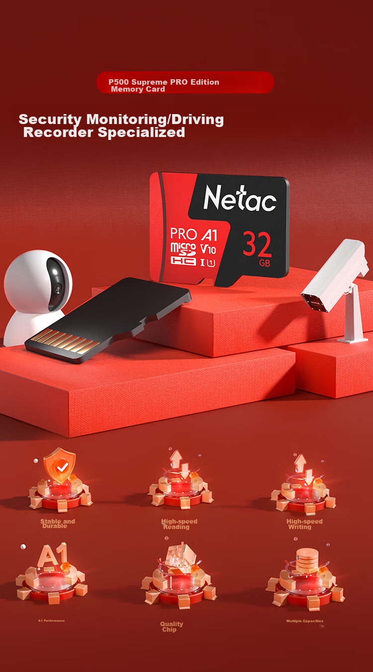 Карта памяти Netac 32GB TF (MicroSD) A1 U1 V10 4K, высокопрочная, для видеорегистратора и камеры наблюдения, скорость чтения 100 МБ/с