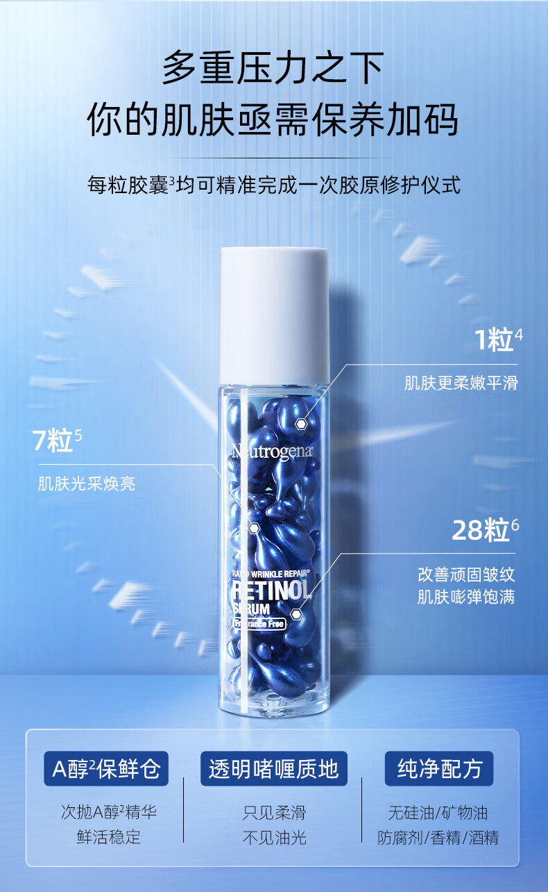 露得清 （Neutrogena）维A醇抗皱修护胶囊30粒 淡纹保湿精华霜纯净护肤