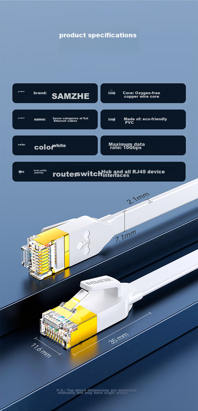 Сетевой кабель SAMZHE CAT7 Flat Pure Copper Shielded Network Cable, 10 Gigabit Ethernet Cable for Home Broadband, White Flat Patch Cord, 8 Meters CAT-708A