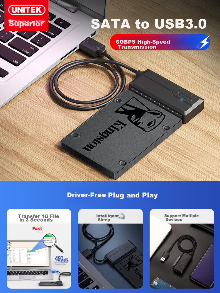 Кабель-адаптер UNITEK USB 3.0 на SATA с блоком питания, 0.6 м, S108ABK-P1